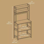 Étagère de Boulangerie Hutch avec Prise de Courant, Support de Micro-ondes 14 Crochets, Bar à Café Réglable, Étagère de Rangement de Cuisine, 40 x 80 x 170 cm
