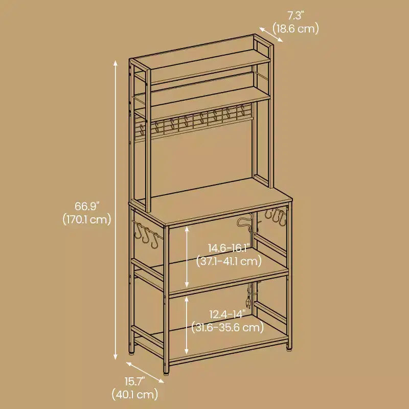 Étagère de Boulangerie Hutch avec Prise de Courant, Support de Micro-ondes 14 Crochets, Bar à Café Réglable, Étagère de Rangement de Cuisine, 40 x 80 x 170 cm