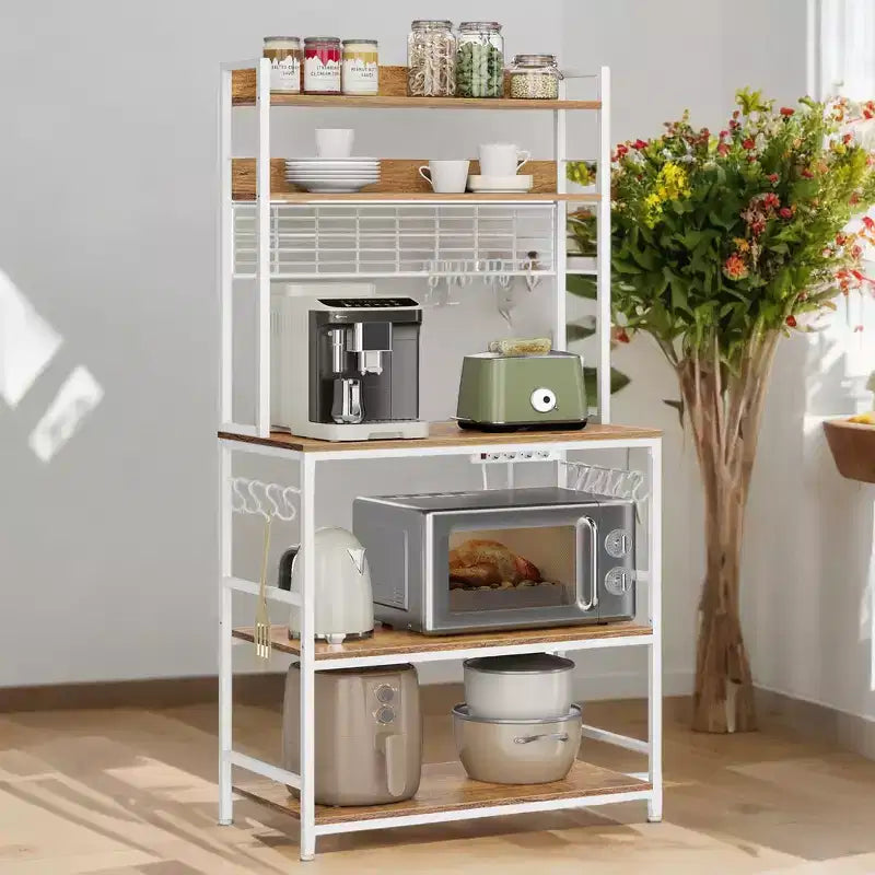 Étagère de Boulangerie Hutch avec Prise de Courant, Support de Micro-ondes 14 Crochets, Bar à Café Réglable, Étagère de Rangement de Cuisine, 40 x 80 x 170 cm