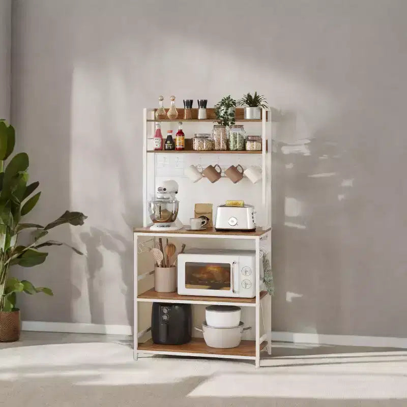 Étagère de Boulangerie Hutch avec Prise de Courant, Support de Micro-ondes 14 Crochets, Bar à Café Réglable, Étagère de Rangement de Cuisine, 40 x 80 x 170 cm