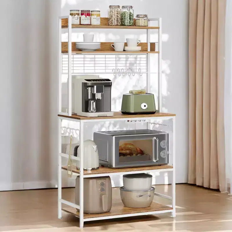 Étagère de Boulangerie Hutch avec Prise de Courant, Support de Micro-ondes 14 Crochets, Bar à Café Réglable, Étagère de Rangement de Cuisine, 40 x 80 x 170 cm