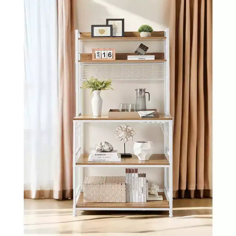 Étagère de Boulangerie Hutch avec Prise de Courant, Support de Micro-ondes 14 Crochets, Bar à Café Réglable, Étagère de Rangement de Cuisine, 40 x 80 x 170 cm