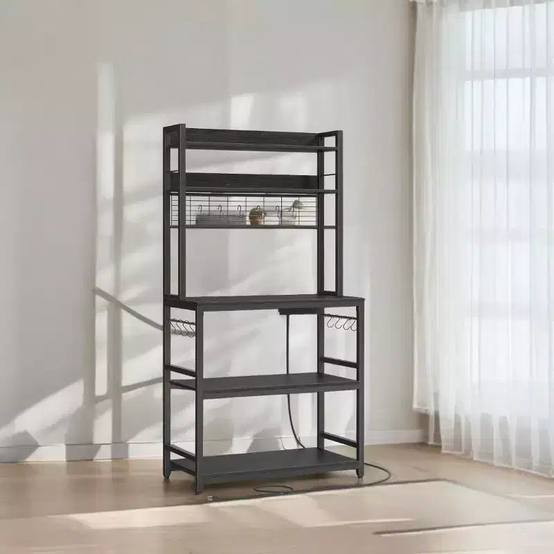 Étagère de Boulangerie Hutch avec Prise de Courant, Support de Micro-ondes 14 Crochets, Bar à Café Réglable, Étagère de Rangement de Cuisine, 40 x 80 x 170 cm