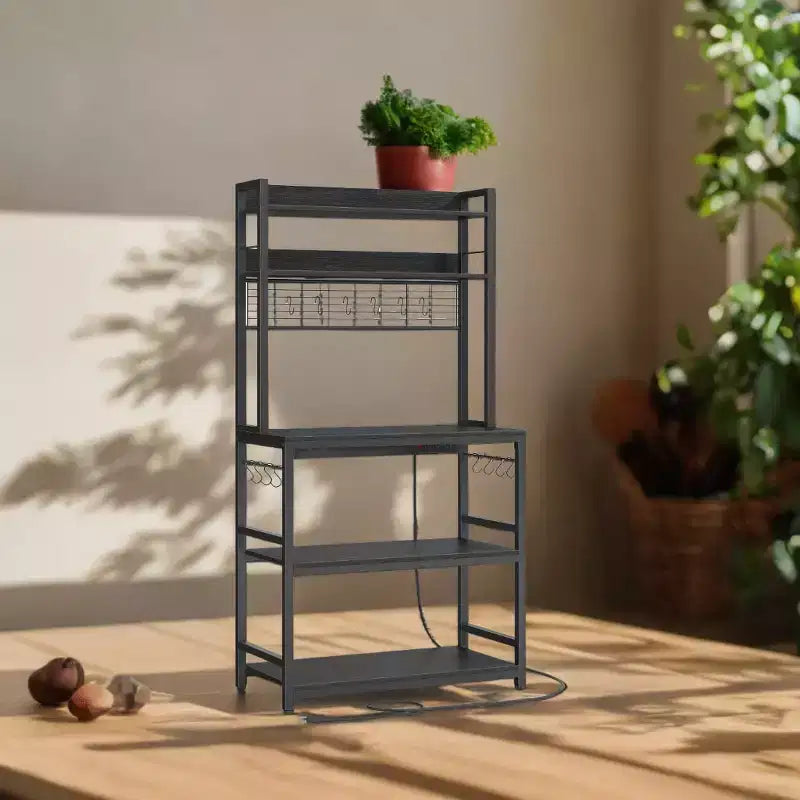 Étagère de Boulangerie Hutch avec Prise de Courant, Support de Micro-ondes 14 Crochets, Bar à Café Réglable, Étagère de Rangement de Cuisine, 40 x 80 x 170 cm