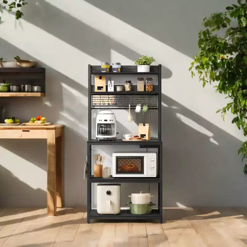 Étagère de Boulangerie Hutch avec Prise de Courant, Support de Micro-ondes 14 Crochets, Bar à Café Réglable, Étagère de Rangement de Cuisine, 40 x 80 x 170 cm