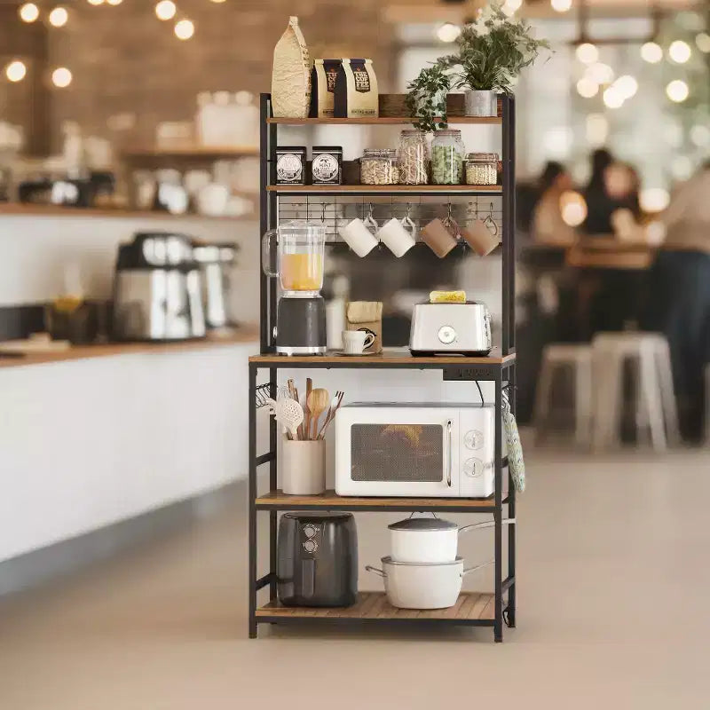 Étagère de Boulangerie Hutch avec Prise de Courant, Support de Micro-ondes 14 Crochets, Bar à Café Réglable, Étagère de Rangement de Cuisine, 40 x 80 x 170 cm