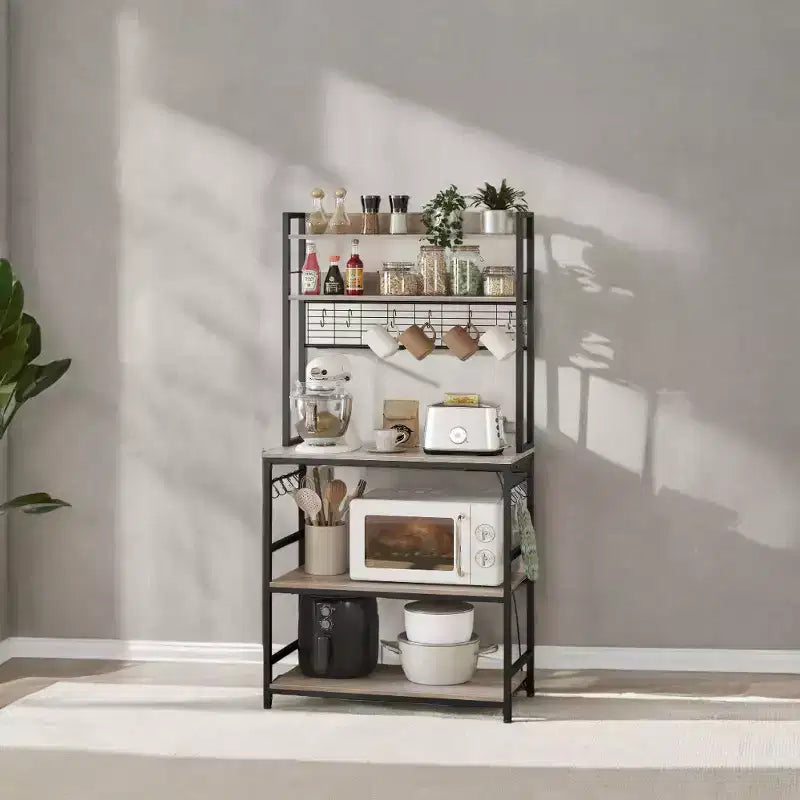 Étagère de Boulangerie Hutch avec Prise de Courant, Support de Micro-ondes 14 Crochets, Bar à Café Réglable, Étagère de Rangement de Cuisine, 40 x 80 x 170 cm