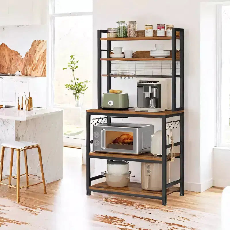 Étagère de Boulangerie Hutch avec Prise de Courant, Support de Micro-ondes 14 Crochets, Bar à Café Réglable, Étagère de Rangement de Cuisine, 40 x 80 x 170 cm
