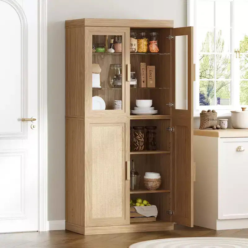 Meuble de garde-manger en bois massif avec étagères réglables et porte vitrée