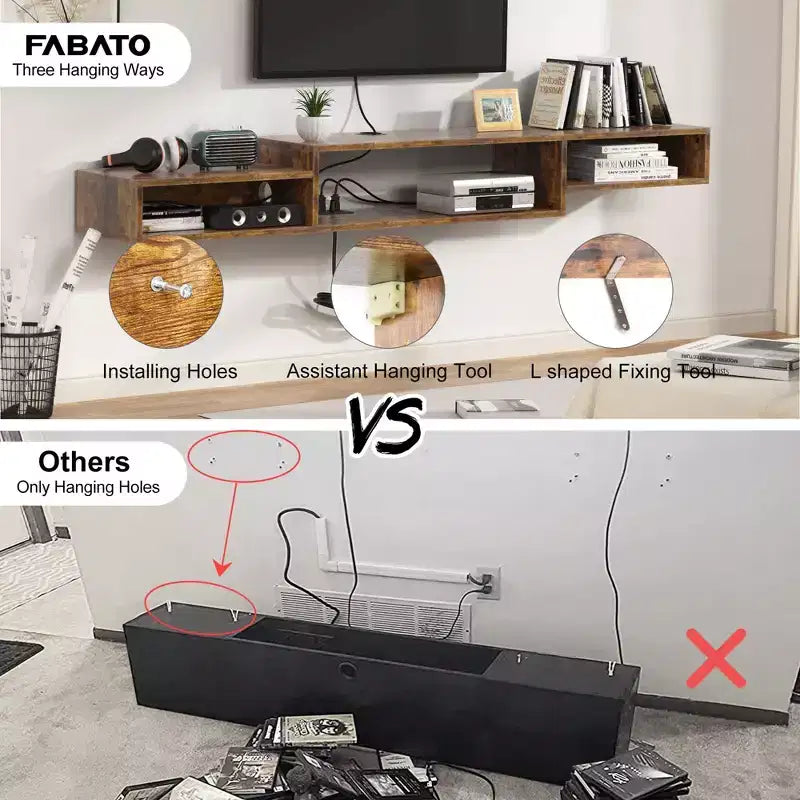 Meuble TV Mural Flottant pour Téléviseurs jusqu'à 60", Marron Rustique - Hausource: Étagère Console Multimédia avec Prise de Courant