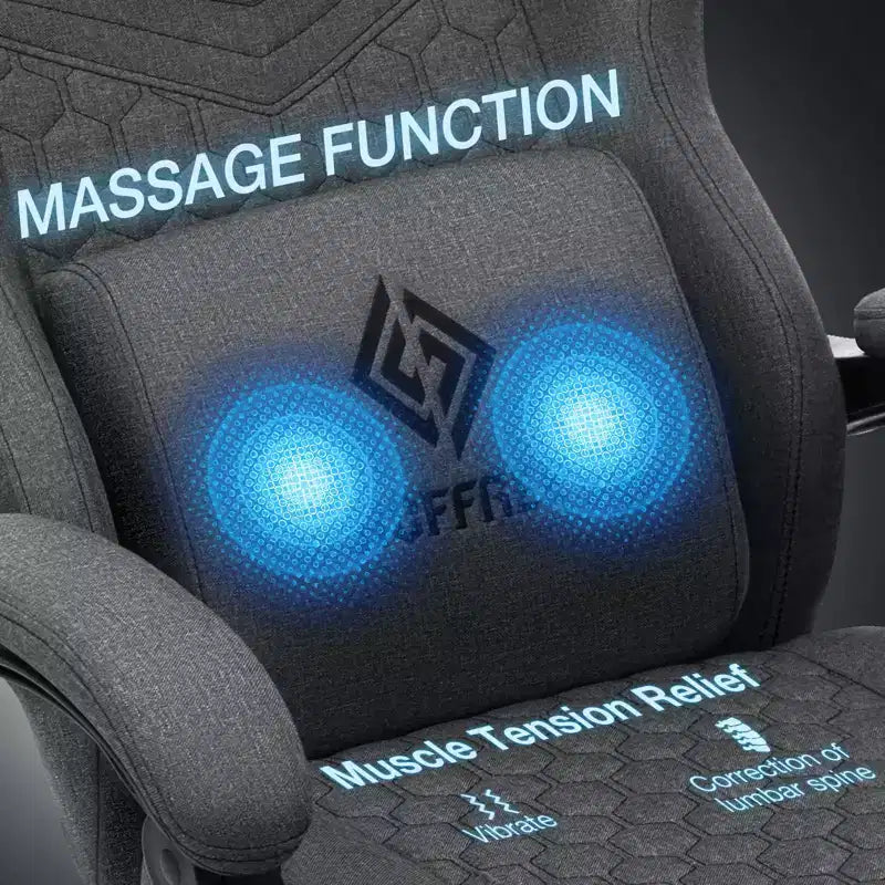 Hoffree Chaise de massage de jeu en tissu respirant Chaise de bureau PC ergonomique avec haut-parleur Bluetooth et repose-pieds