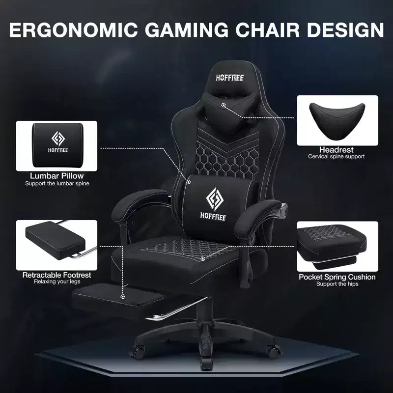 Hoffree Chaise de massage de jeu en tissu respirant Chaise de bureau PC ergonomique avec haut-parleur Bluetooth et repose-pieds