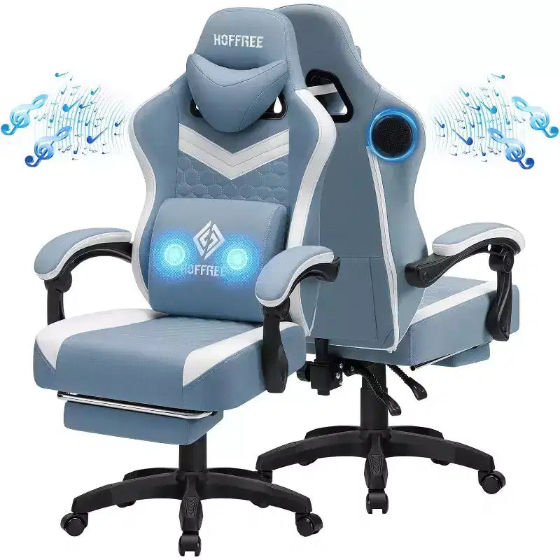 Hoffree Chaise de massage de jeu en tissu respirant Chaise de bureau PC ergonomique avec haut-parleur Bluetooth et repose-pieds