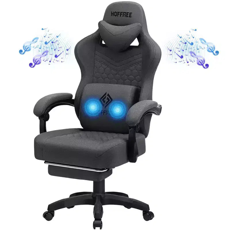 Hoffree Chaise de massage de jeu en tissu respirant Chaise de bureau PC ergonomique avec haut-parleur Bluetooth et repose-pieds