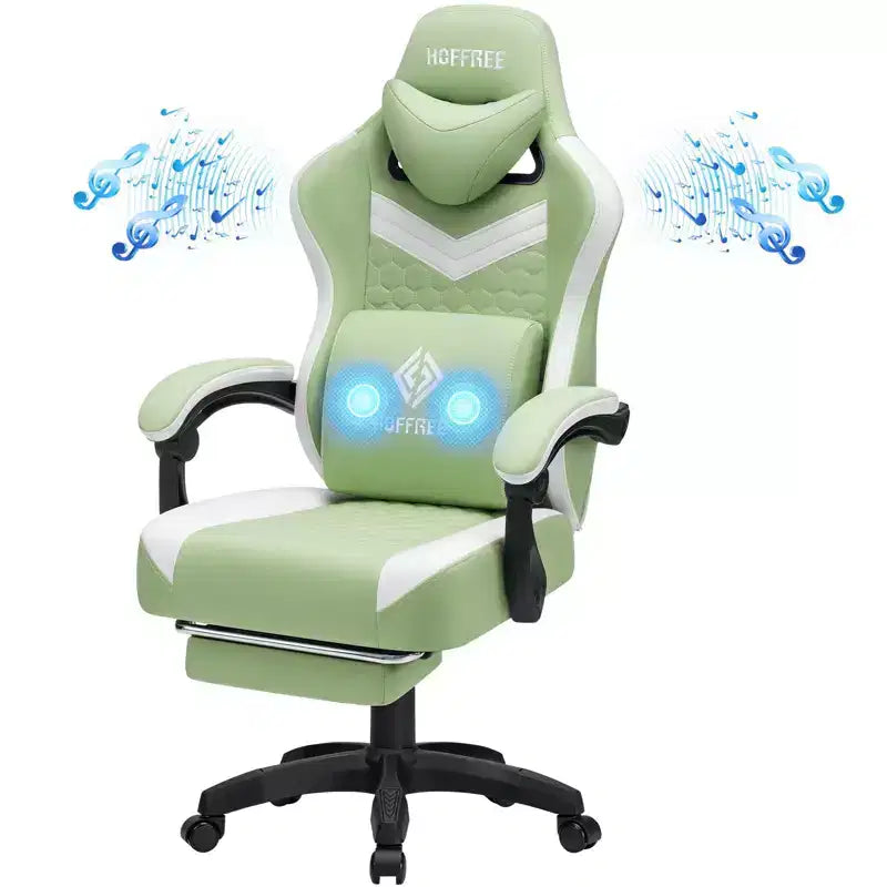 Hoffree Chaise de massage de jeu en tissu respirant Chaise de bureau PC ergonomique avec haut-parleur Bluetooth et repose-pieds