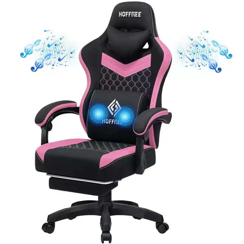 Hoffree Chaise de massage de jeu en tissu respirant Chaise de bureau PC ergonomique avec haut-parleur Bluetooth et repose-pieds