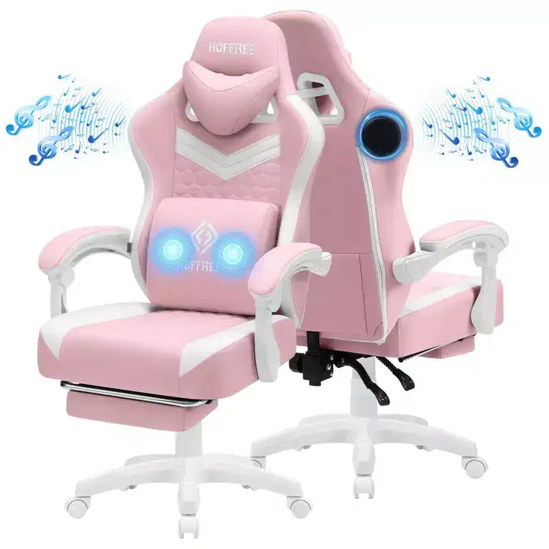 Hoffree Chaise de massage de jeu en tissu respirant Chaise de bureau PC ergonomique avec haut-parleur Bluetooth et repose-pieds