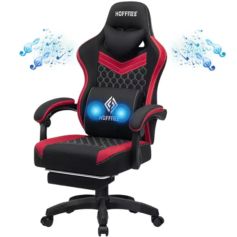 Hoffree Chaise de massage de jeu en tissu respirant Chaise de bureau PC ergonomique avec haut-parleur Bluetooth et repose-pieds