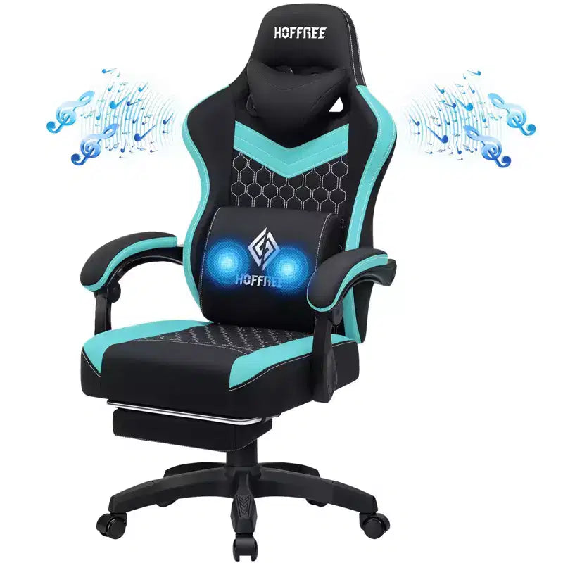 Hoffree Chaise de massage de jeu en tissu respirant Chaise de bureau PC ergonomique avec haut-parleur Bluetooth et repose-pieds