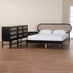 Ensemble de chambre 4 pièces Shirin queen en tissu beige et bois noir de style milieu de siècle Baxton Studio