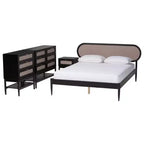 Ensemble de chambre 4 pièces Shirin queen en tissu beige et bois noir de style milieu de siècle Baxton Studio