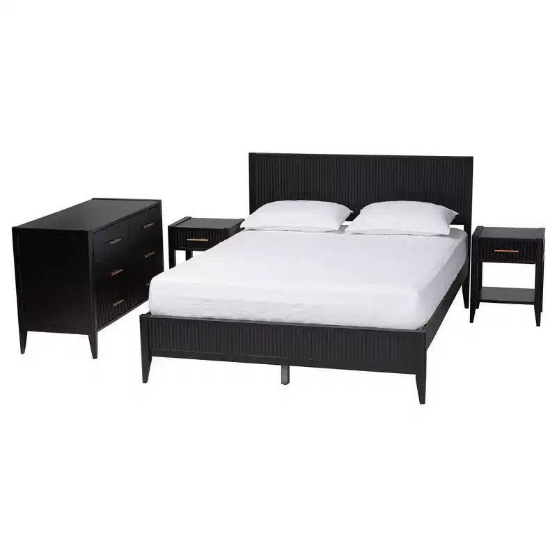Ensemble de chambre à coucher 4 pièces Primrose de Baxton Studio en bois cannelé noir d'inspiration milieu de siècle