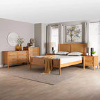 Baxton Studio Jenn Golden Brown Wood Japandi 5-Piece Queen Size Bedroom Set with Distressed-Finished Rattan