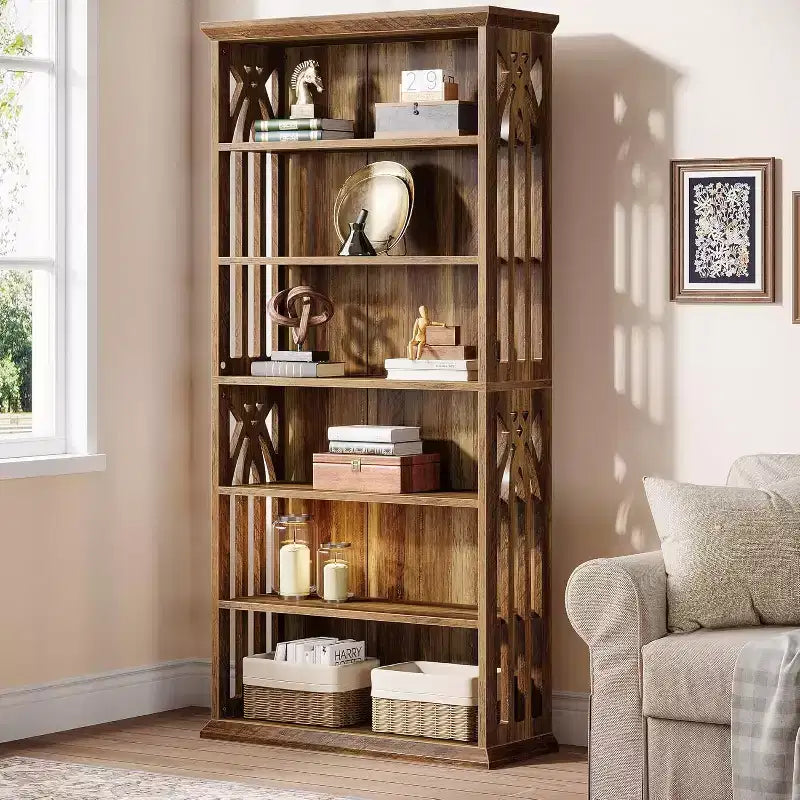 Bibliothèque en bois Lantine à 6 niveaux, 190,5 cm de hauteur, grandes étagères de présentation autoportantes, étagère à livres
