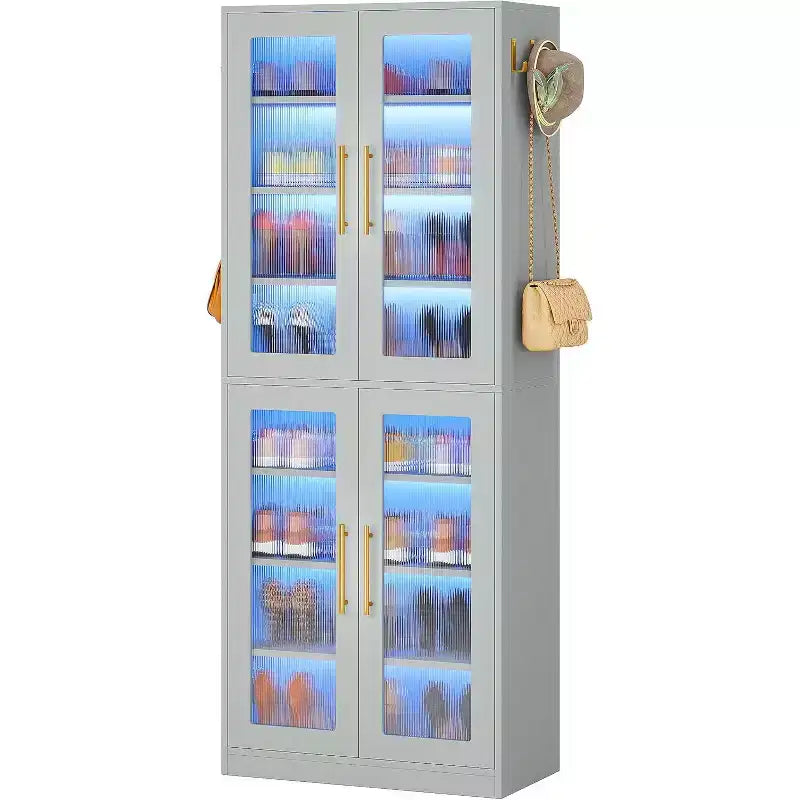 Bibliothèque Lantine avec portes et lumière LED, étagère haute de 170 cm avec 8 niveaux réglables et crochets de suspension