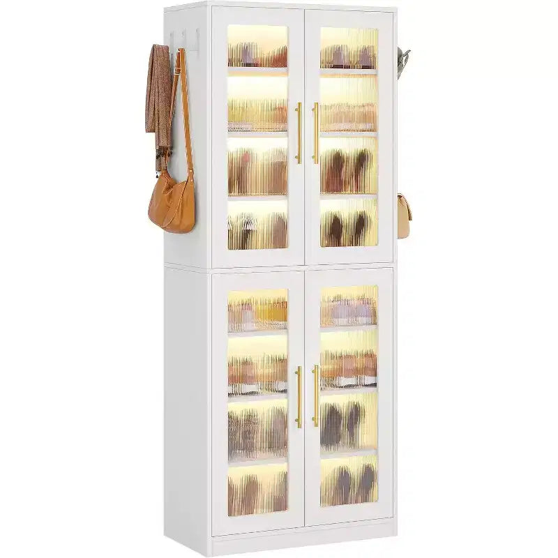 Lantine Bookcase with Doors and LED Light, 67-inch Tall Bookshelf with 8-Tier Adjustable Shelves and Hanging Hooks