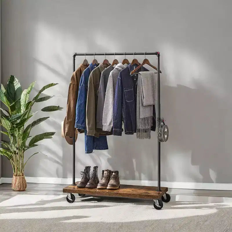 LEDREM Portant à Vêtements Roulant avec Étagère, Portant Robuste Style Tuyau Industriel pour Chambre à Coucher, Buanderie, Présentation Commerciale