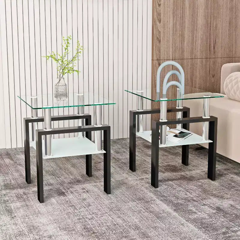 MAYEERTY Table d'appoint moderne en verre trempé, table d'appoint carrée pour salon et chambre à coucher, lot de 2, transparent
