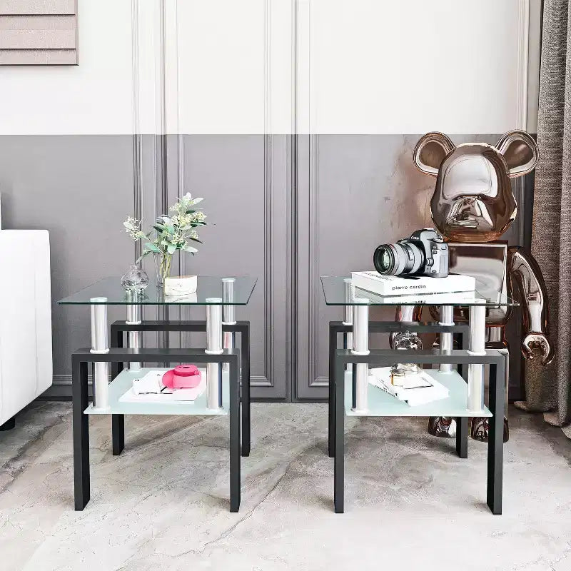 MAYEERTY Table d'appoint moderne en verre trempé, table d'appoint carrée pour salon et chambre à coucher, lot de 2, transparent