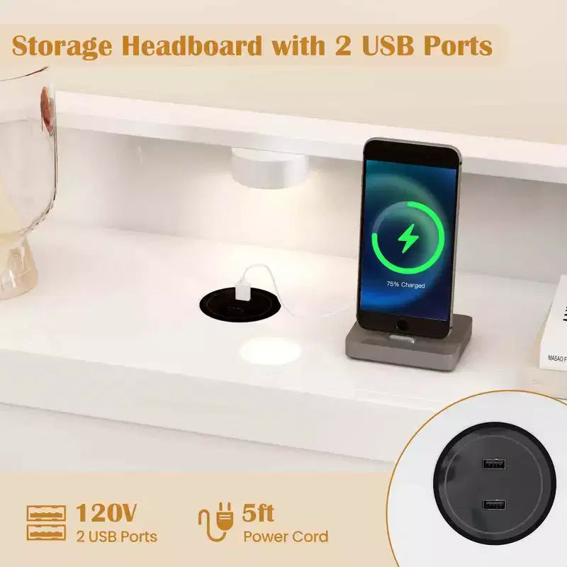 Cadre de lit double/complet Costway avec tête de lit et pied de lit de rangement, cadre de lit LED avec 2 ports USB