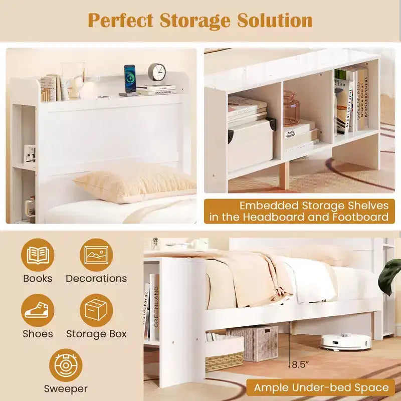 Cadre de lit double/complet Costway avec tête de lit et pied de lit de rangement, cadre de lit LED avec 2 ports USB