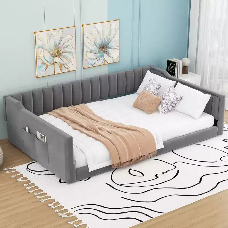 Lit de repos rembourré en velours taille Twin XL/Full XL avec poches de rangement latérales - ModernLuxe