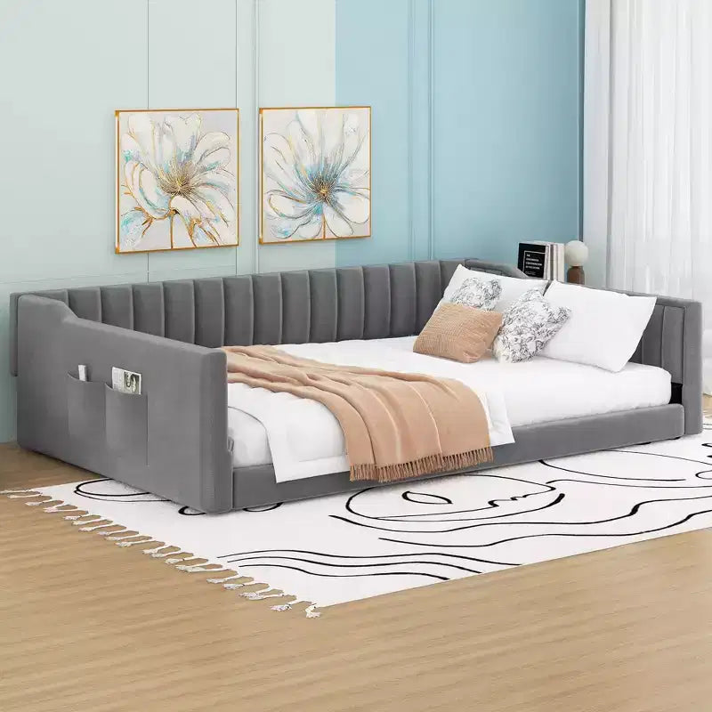 Lit de repos rembourré en velours taille Twin XL/Full XL avec poches de rangement latérales - ModernLuxe