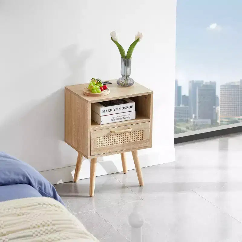 MAYEERTY Table d'appoint en rotin, Table de chevet moderne avec tiroir et pieds en bois massif, Table d'appoint pour salon, chambre à coucher, Naturel