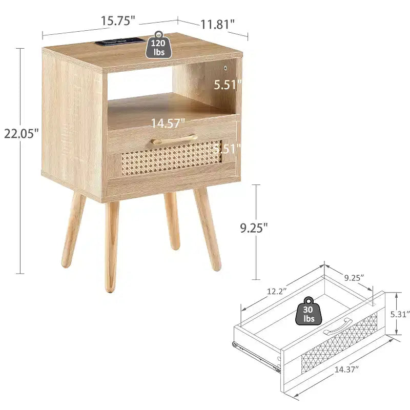 MAYEERTY Table d'appoint en rotin, Table de chevet moderne avec tiroir et pieds en bois massif, Table d'appoint pour salon, chambre à coucher, Naturel