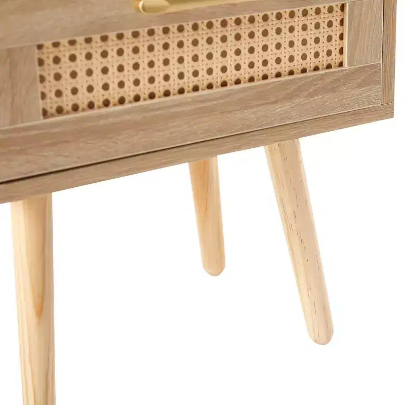 MAYEERTY Table d'appoint en rotin, Table de chevet moderne avec tiroir et pieds en bois massif, Table d'appoint pour salon, chambre à coucher, Naturel