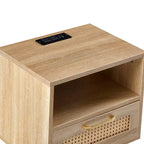 MAYEERTY Table d'appoint en rotin, Table de chevet moderne avec tiroir et pieds en bois massif, Table d'appoint pour salon, chambre à coucher, Naturel