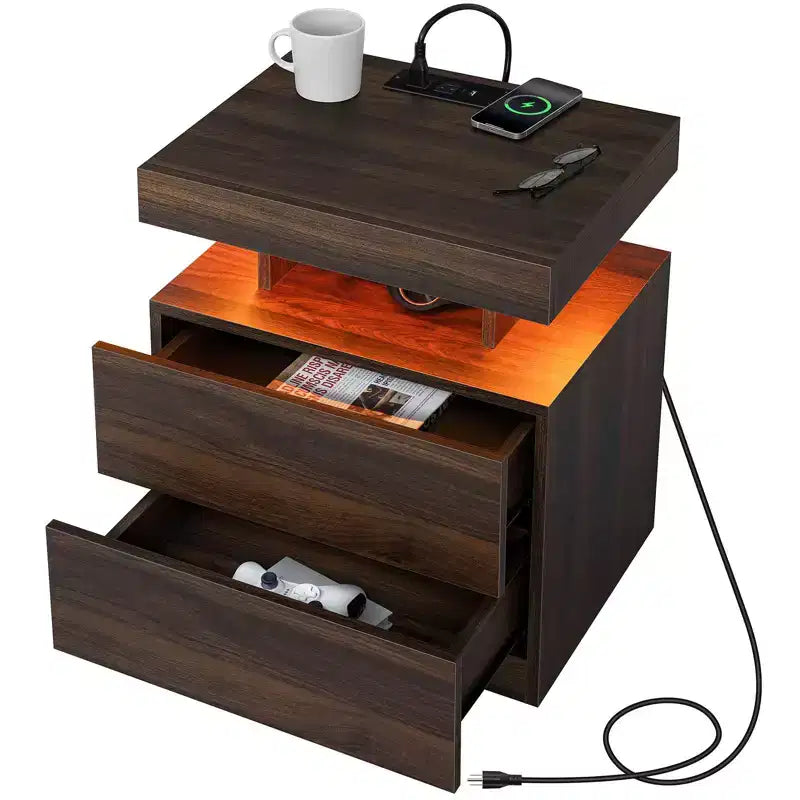 Table de Chevet Moderne Hommpa à LED avec Station de Recharge sans Fil et 2 Tiroirs