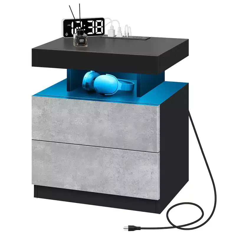 Table de Chevet Moderne Hommpa à LED avec Station de Recharge sans Fil et 2 Tiroirs
