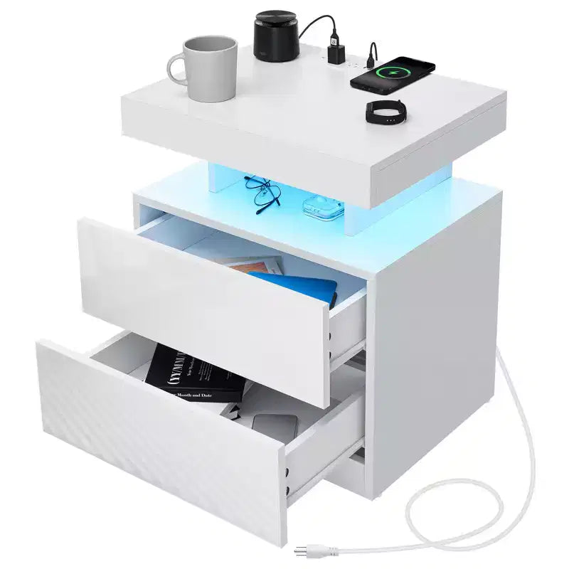 Table de Chevet Moderne Hommpa à LED avec Station de Recharge sans Fil et 2 Tiroirs