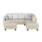 Canapé d'angle en similicuir semi-PU beige, design moderne en L, coussins capitonnés, pouf de rangement, décoration intérieure polyvalente.