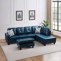 Blue Semi-PU Leather Sectional Sofa - Modern L-Shaped Design, Tufted Cushions, Storage Ottoman, Contemporary Home Dcor