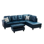 Canapé sectionnel en similicuir semi-PU bleu - Design moderne en L, coussins capitonnés, pouf de rangement, décoration intérieure contemporaine