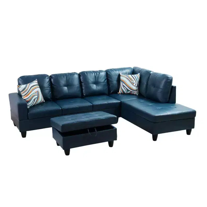 Canapé sectionnel en similicuir semi-PU bleu - Design moderne en L, coussins capitonnés, pouf de rangement, décoration intérieure contemporaine