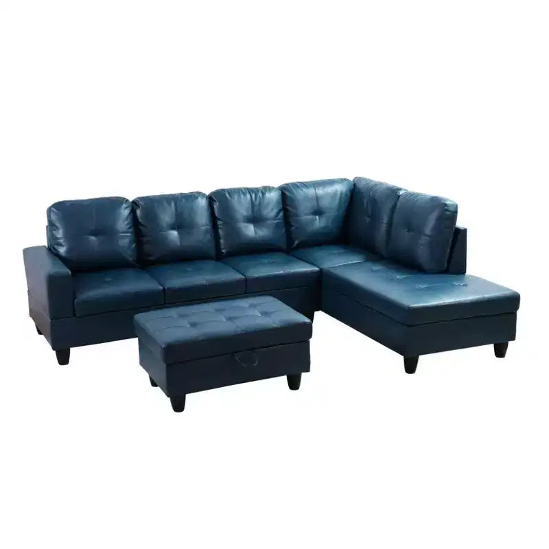 Canapé sectionnel en similicuir semi-PU bleu - Design moderne en L, coussins capitonnés, pouf de rangement, décoration intérieure contemporaine