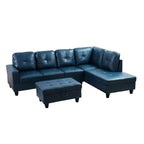 Canapé sectionnel en similicuir semi-PU bleu - Design moderne en L, coussins capitonnés, pouf de rangement, décoration intérieure contemporaine